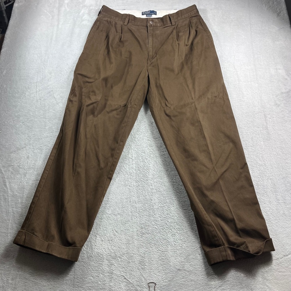 Polo Ralph Lauren Hammond Pant Mens 36/30 Brown Pleated Cuffed Cotton Chinos - Picture 1 of 12